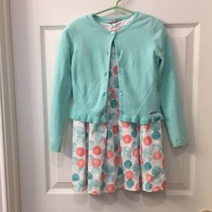 Mayoral Teal/Coral Dress with Matching Cardigan Sweater, girl size 7